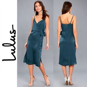 Fall in Love Teal Blue Satin Midi Wrap Dress